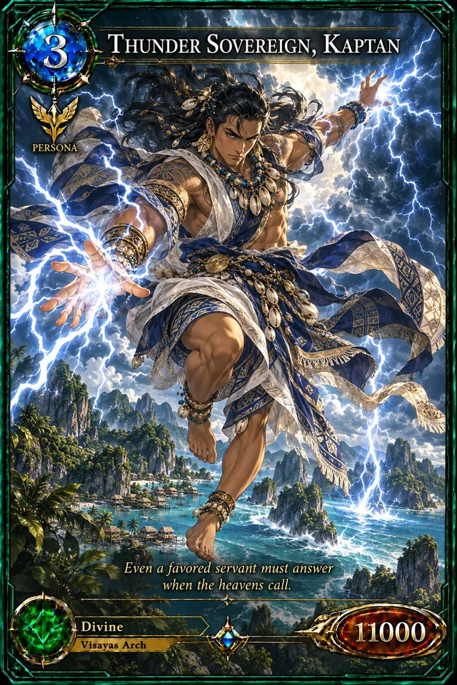 Kaptan, a card from the Visayas set of Codex Legends, depicting the sky god of Visayan creation accounts.