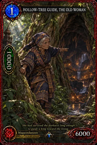 Hollow-Tree Guide, the Old Woman - a card from the Mindanao set of Codex Legends.